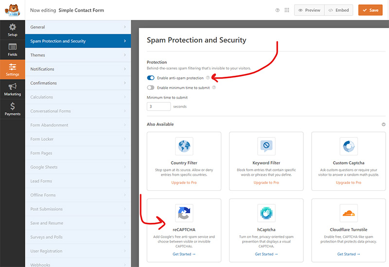 wpforms spam protection recaptcha